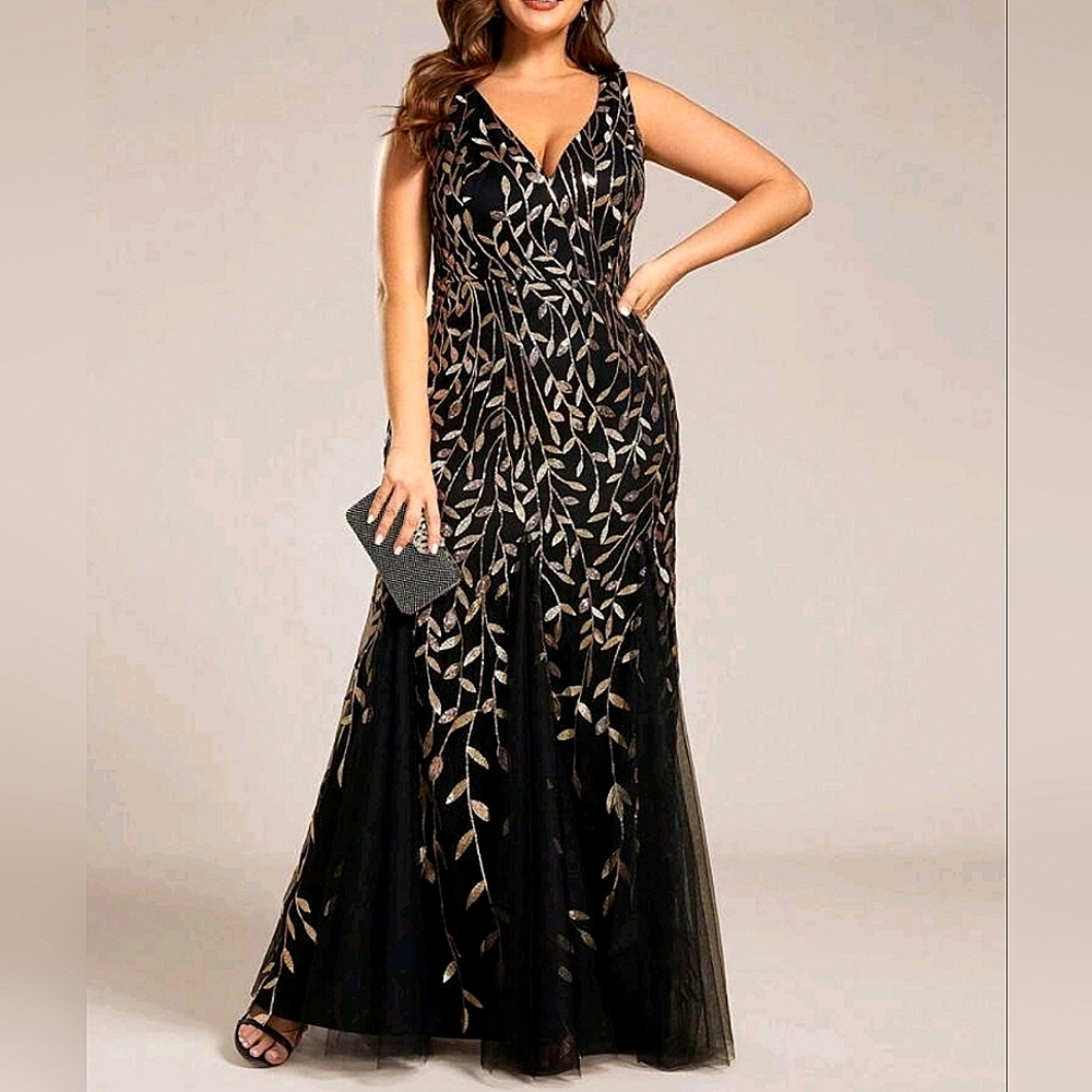 New Glam Floral Sequin Mermaid Maxi Dress Gown PLUS Black Gold